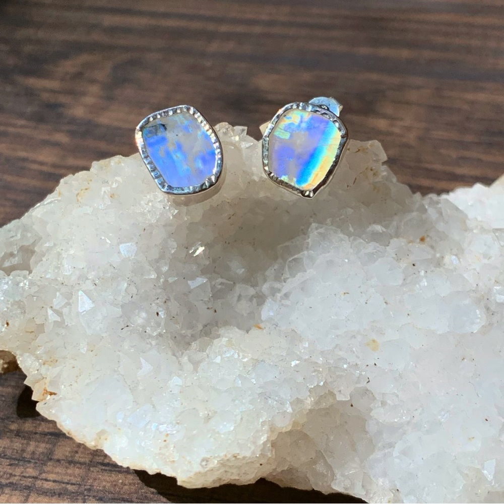 Rainbow Moonstone and Sterling Silver Stud Earrings